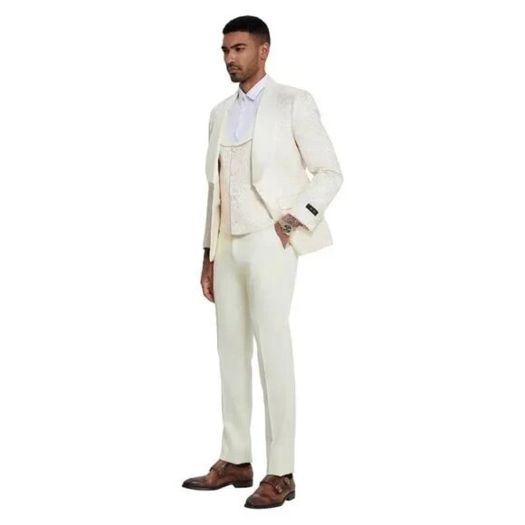 2026 Ivory Shiny Floral Mens 3pc Suit by Tazzio main image 1